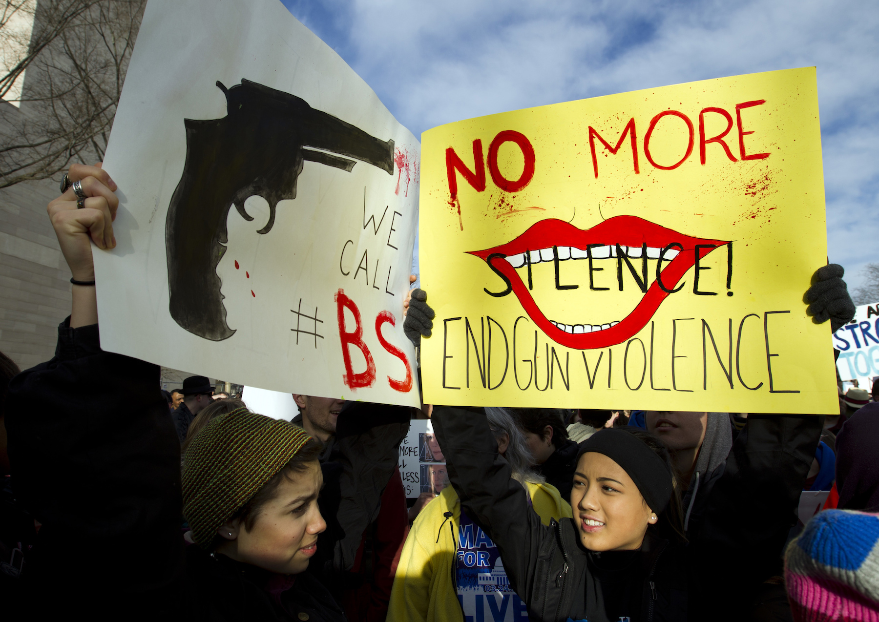 Sofia Briceno,Josie Dang,March for Our Lives Sofia Briceno, left, and Josie Dang, from Va.rises her banner during the “March for Our Lives” rally in support of gun control in Washington, Saturday, March 24, 2018, on Pennsylvania Avenue near the U.S. Capitol.. (AP Photo/Jose Luis Magana)